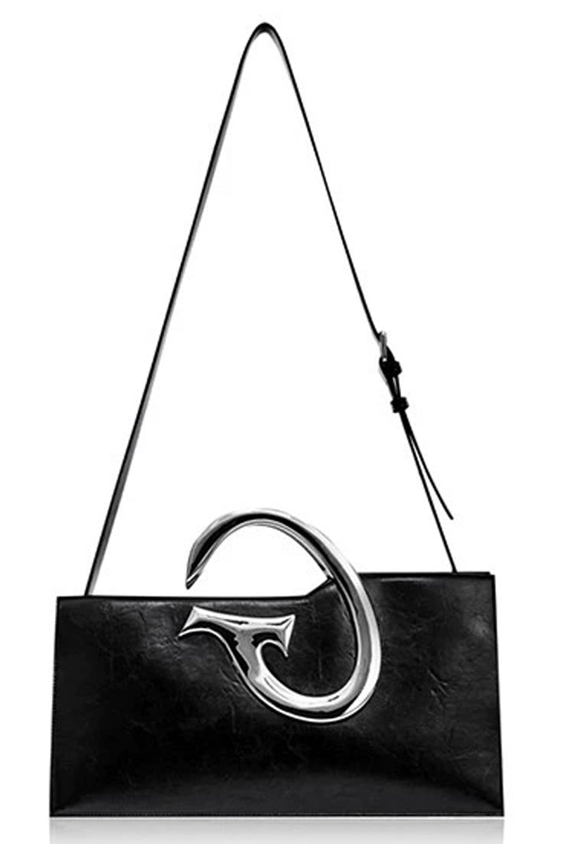 Avant-Garde Metal Handle Shoulder Bag - Sleek Black Designer Tote