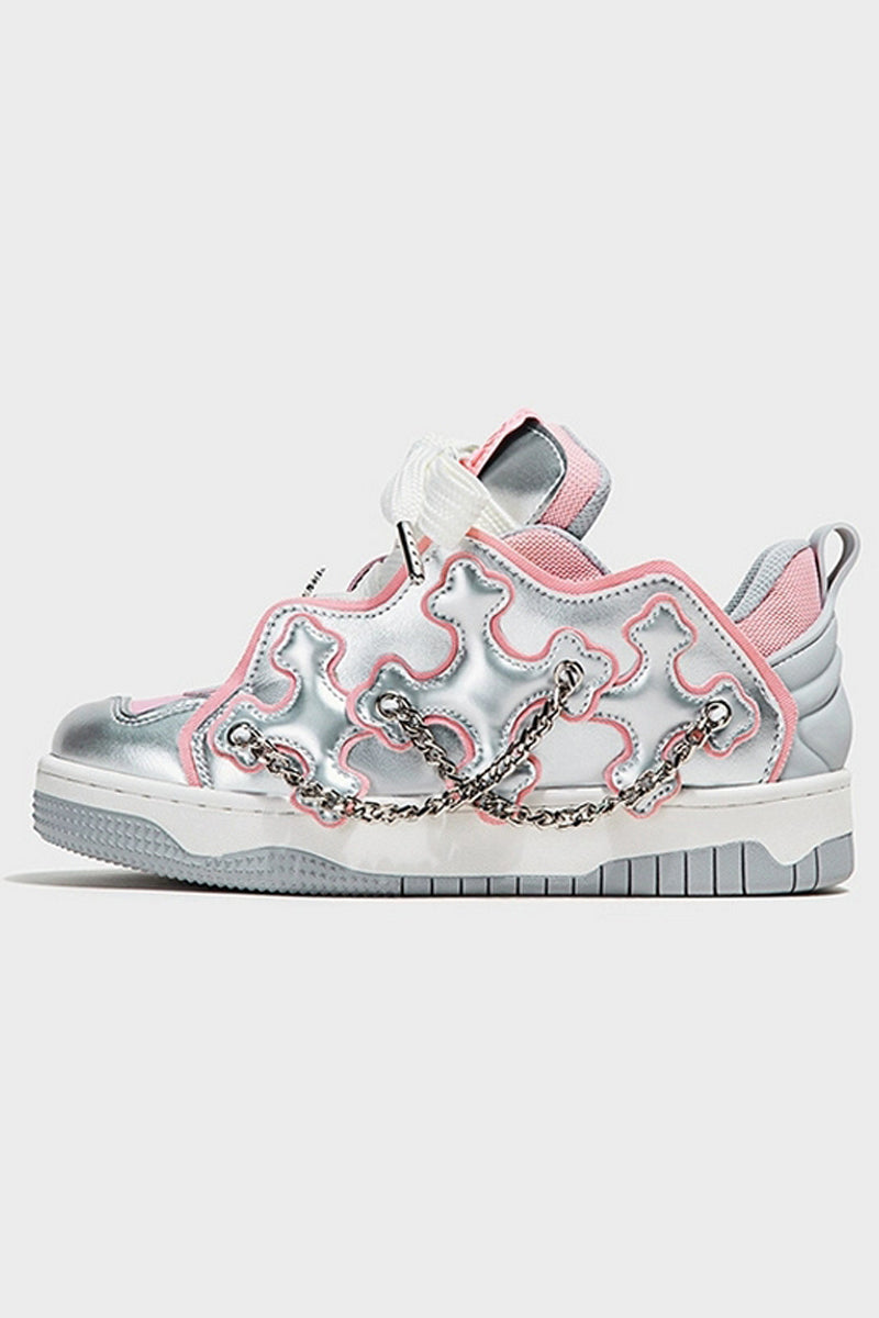Silver Pink Chain Detail Platform Sneakers