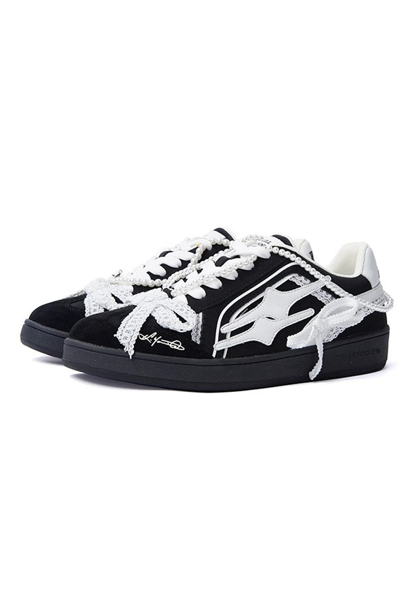 Pearl Black Lace Court Sneakers