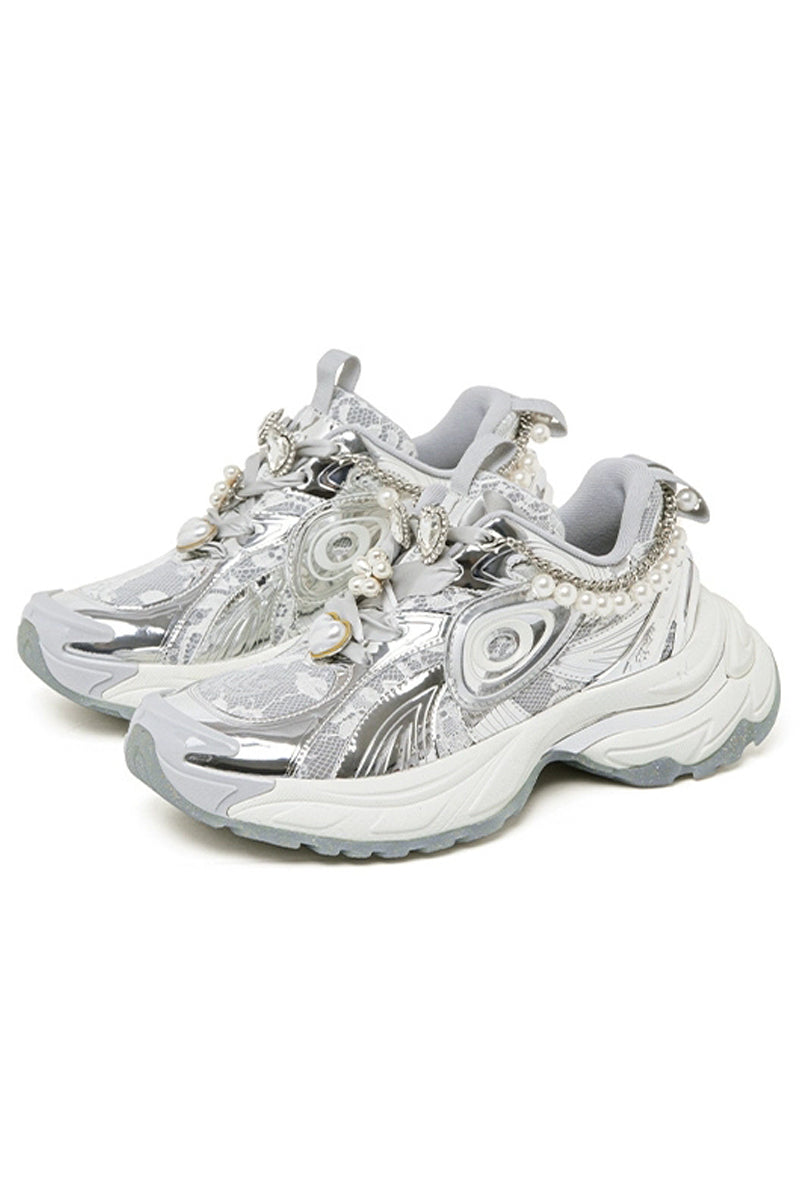 Pearl Decorated Metallic Chunky Sneakers Silver White