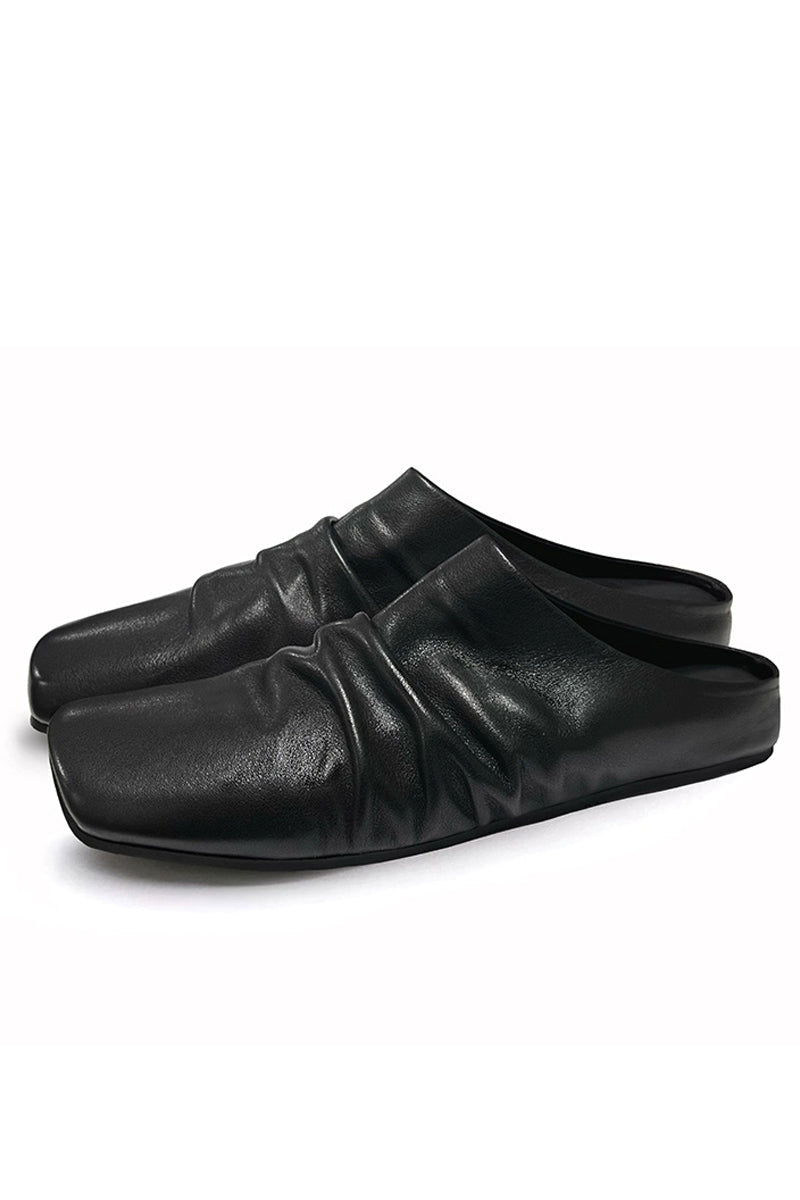 Black Leather Ruched Mules