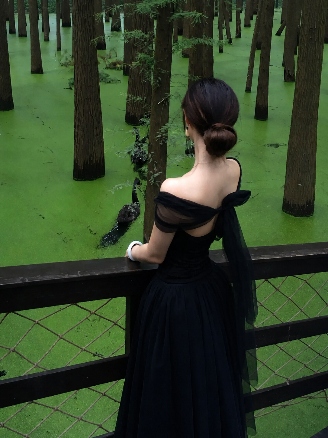 Black draped multi-way off-shoulder top, back tie detail