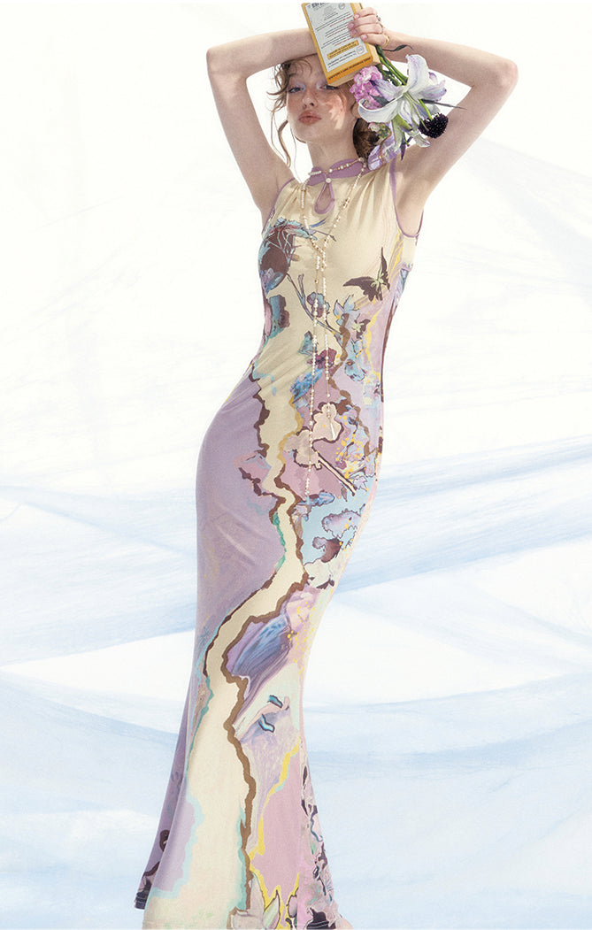 Reversible Mesh Cheongsam Print Dress