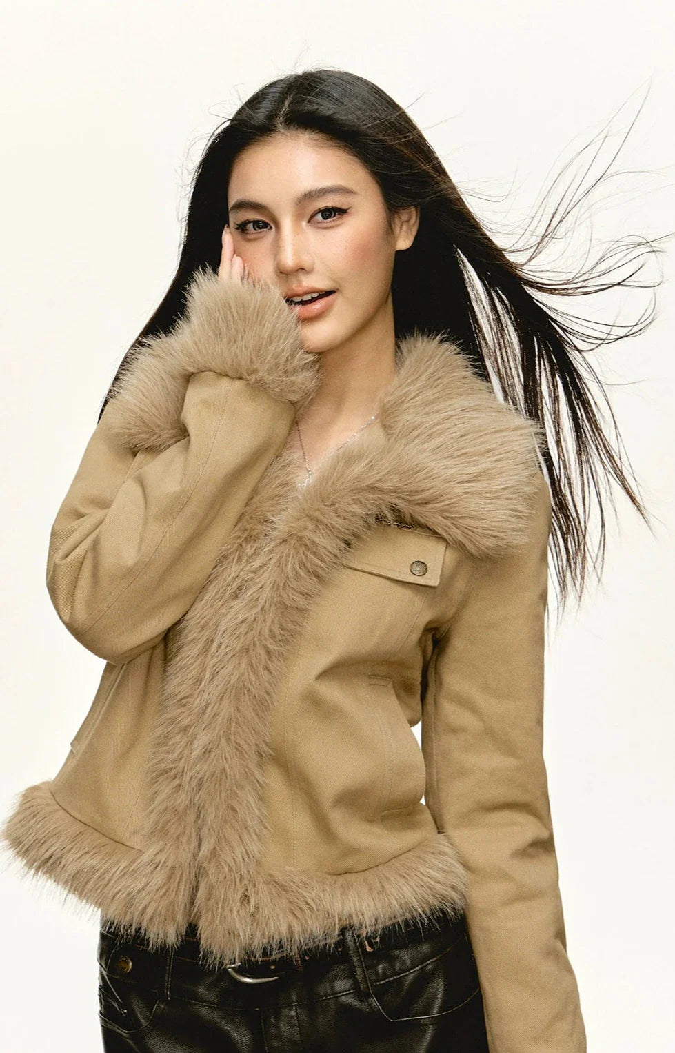 Tan Fur Trim Cropped Jacket