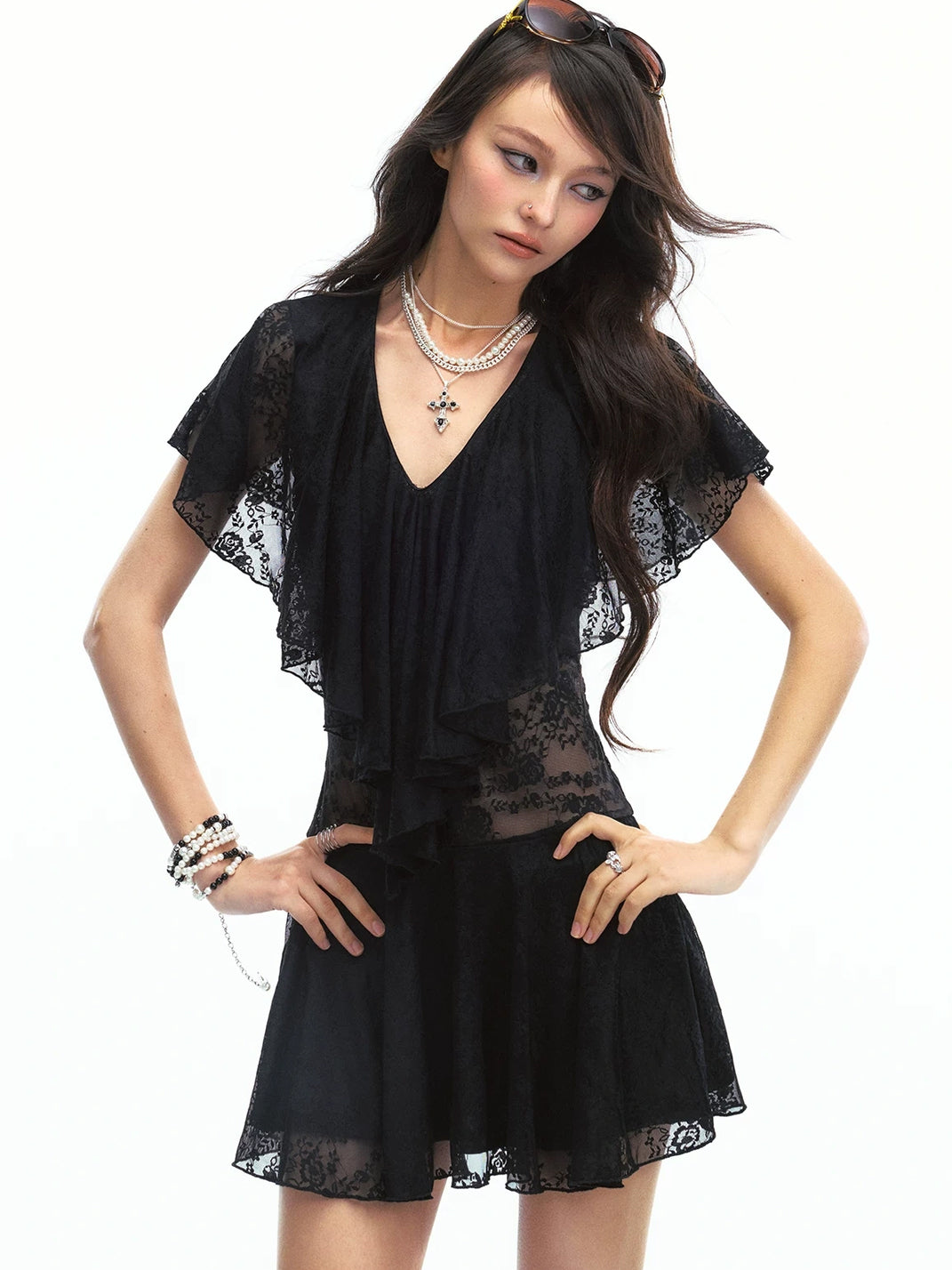 Black Flutter-Ruffle Lace-Waist Mini Dress - view 1