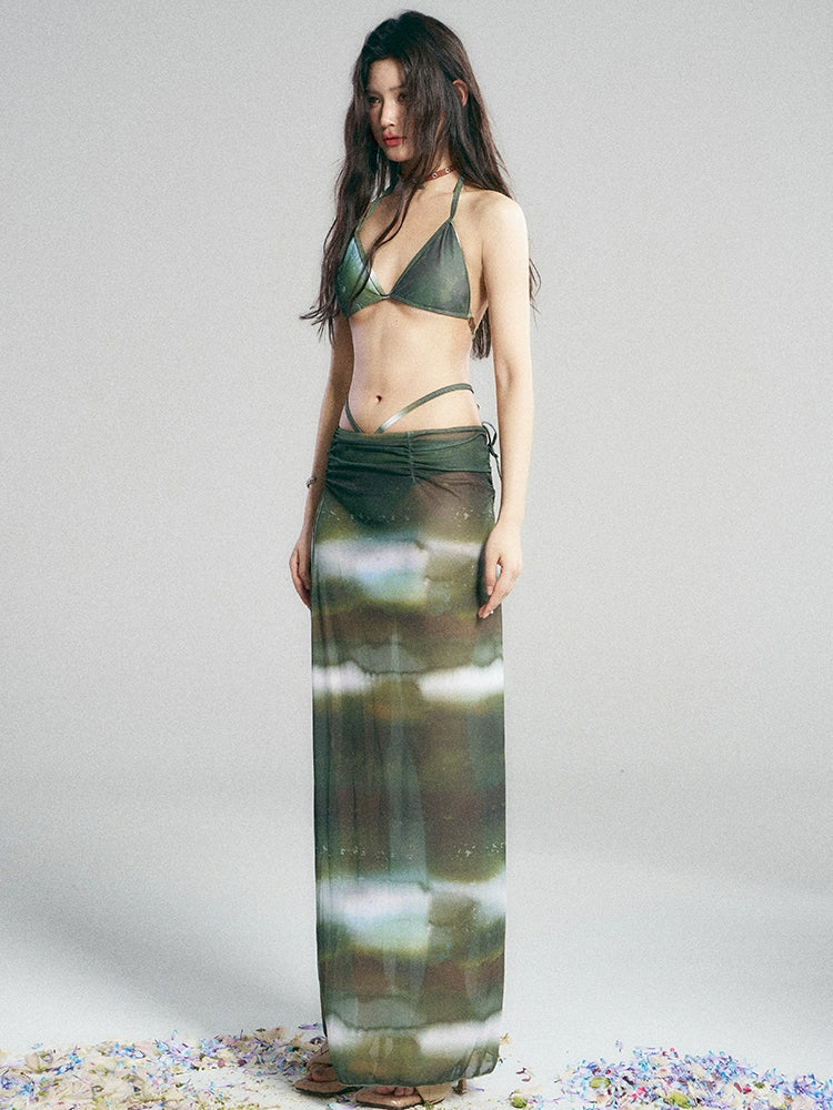Green Galaxy Print Bikini and Skirt Set