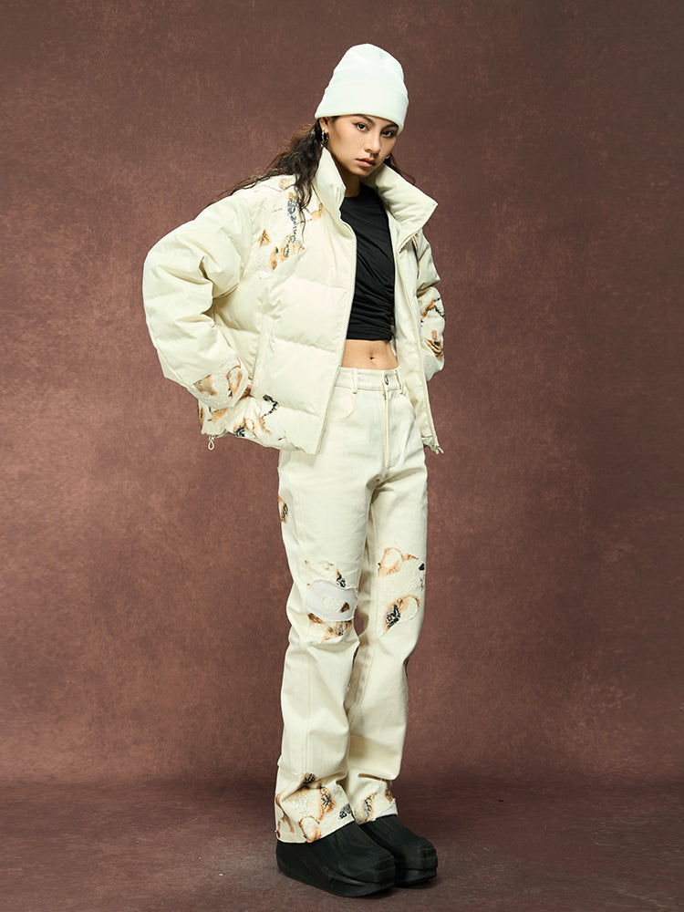 Edgy Flame Lace Detailed Short Down Jacket - chiclara