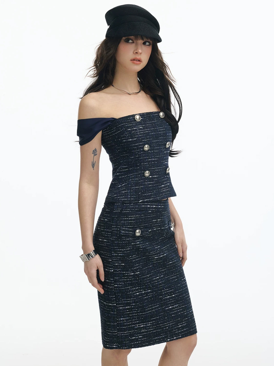 Silver-Fleck Navy Tweed Bardot Top or Pencil Skirt - view 2