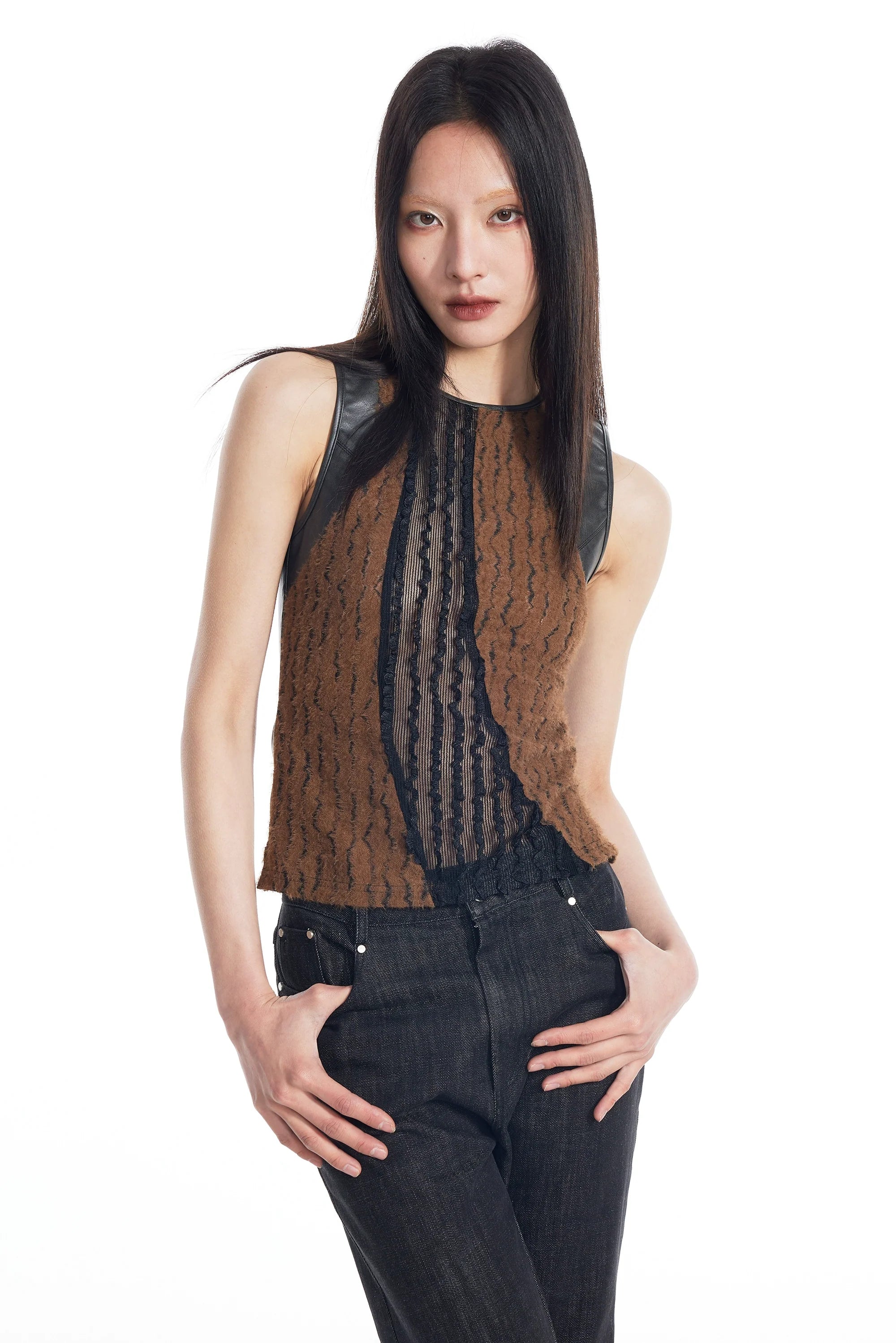 Brown and Black Knit Panel Tank Top