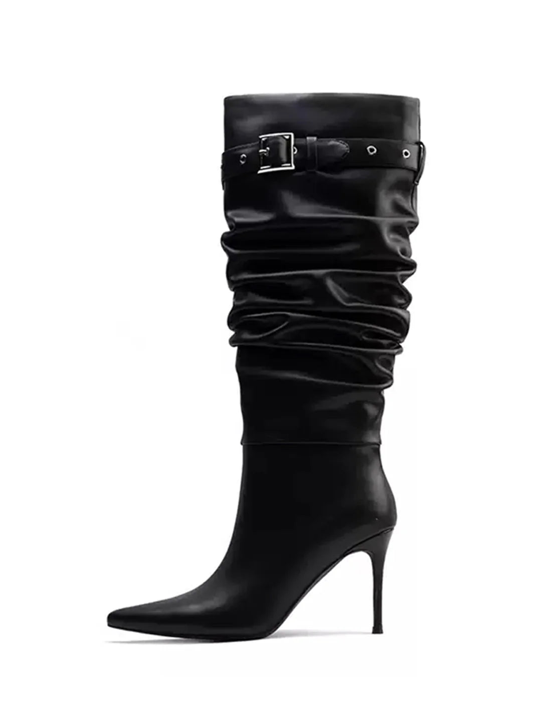 Buckle-Trim Ruched Leather Stiletto Boots - view 1