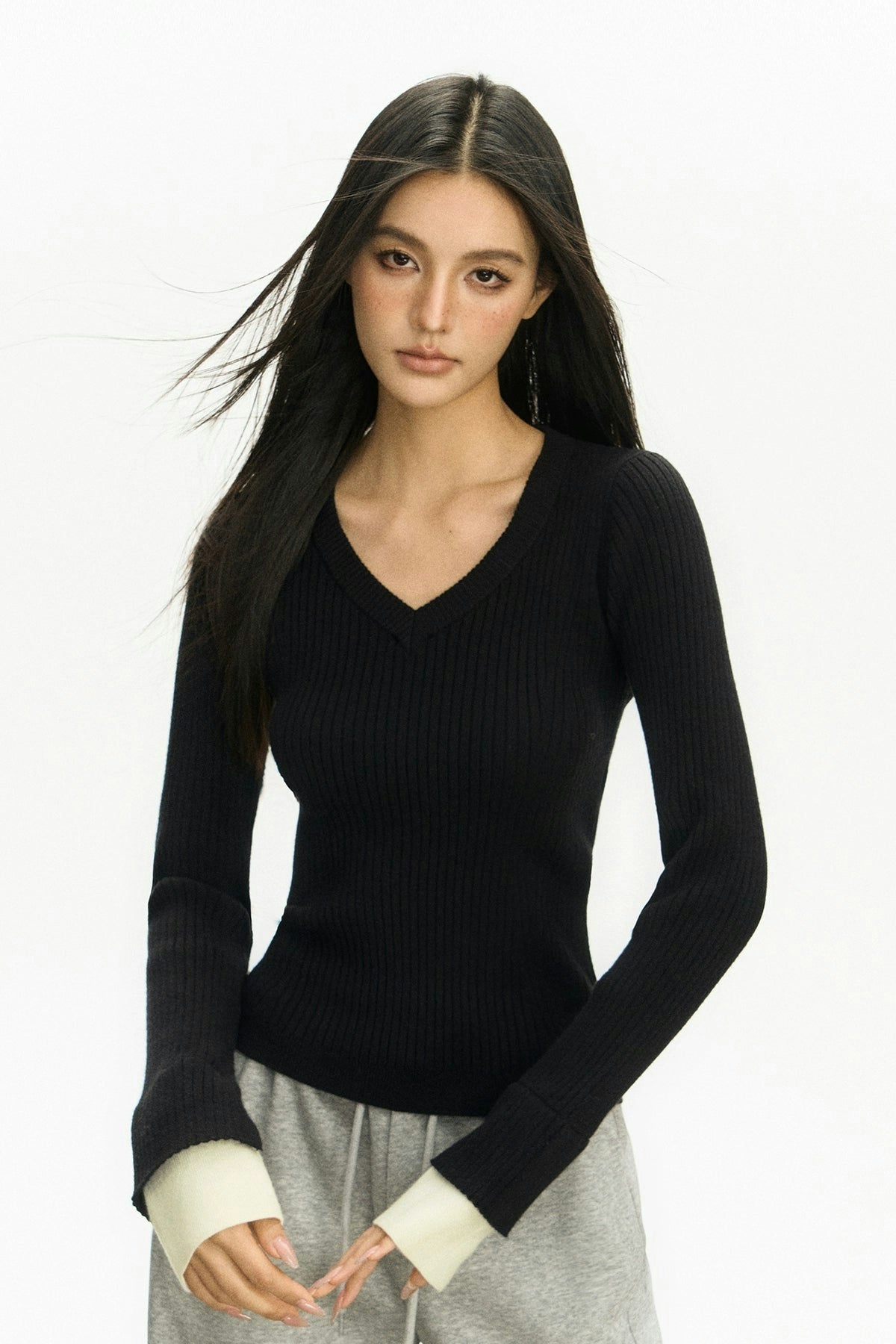 Ribbed V-Neck Contrast Sweater