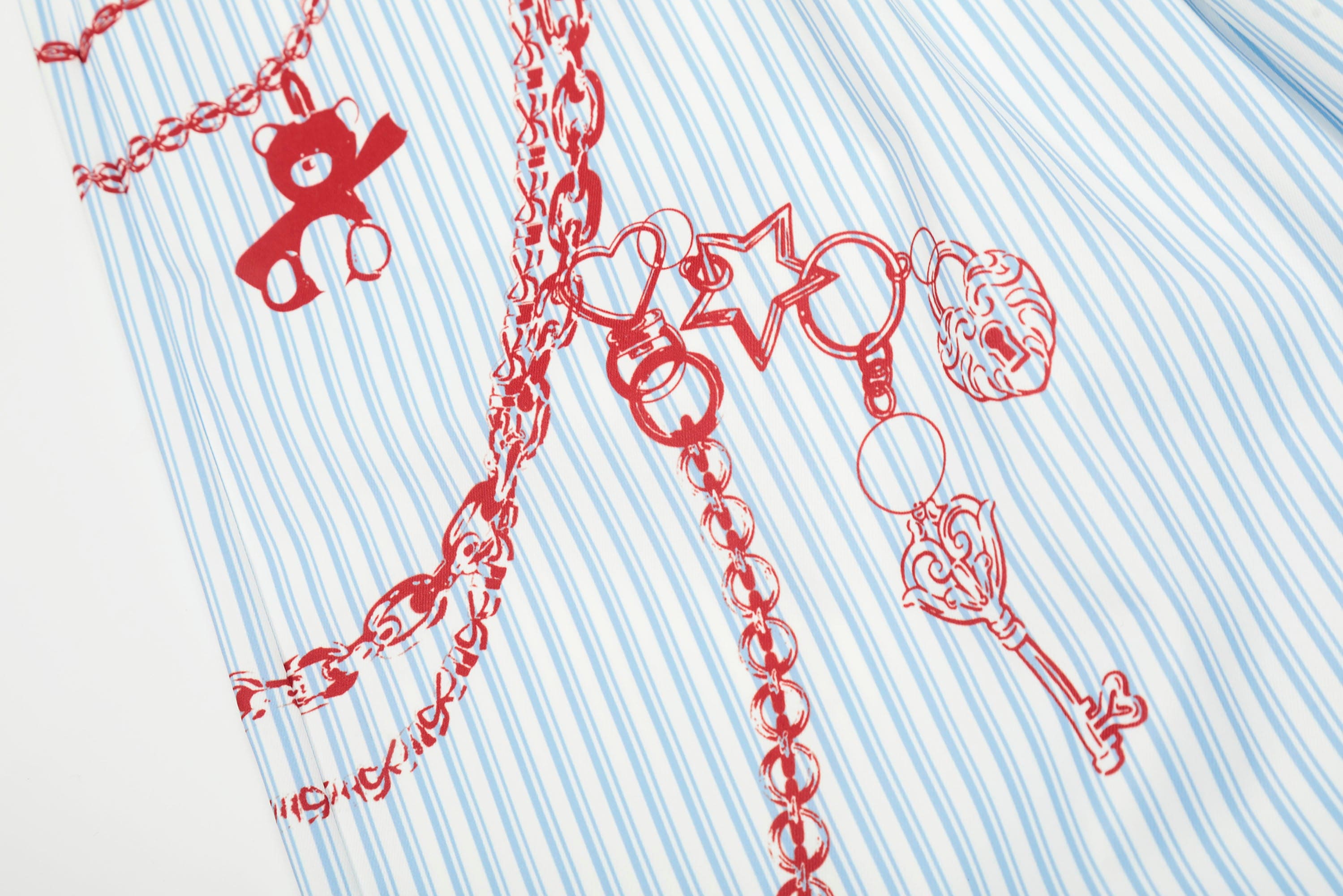 Blue Pinstripe Pants with Red Chain Print