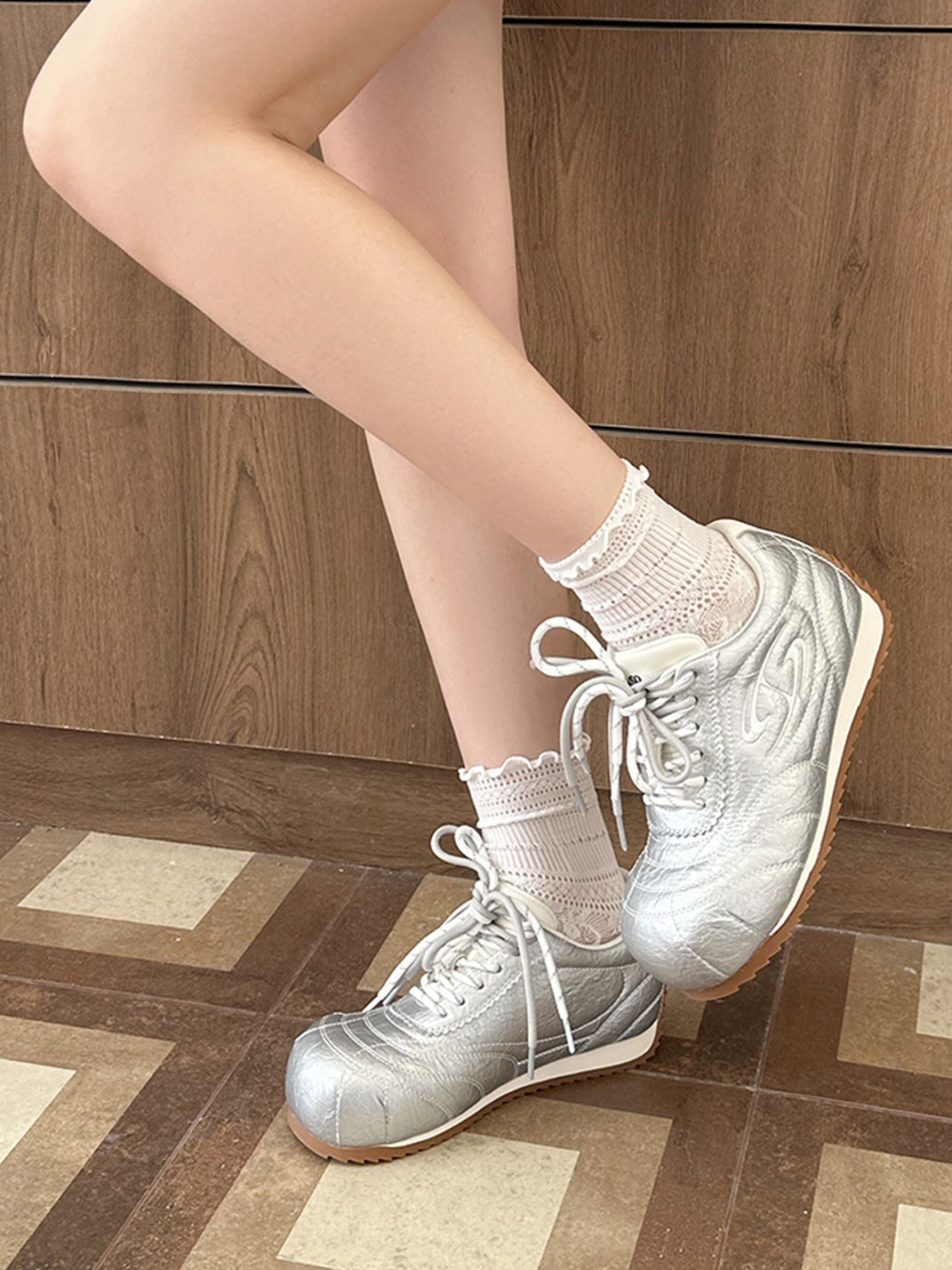 Double-Lace Metallic Low-Profile Trainers - View 6