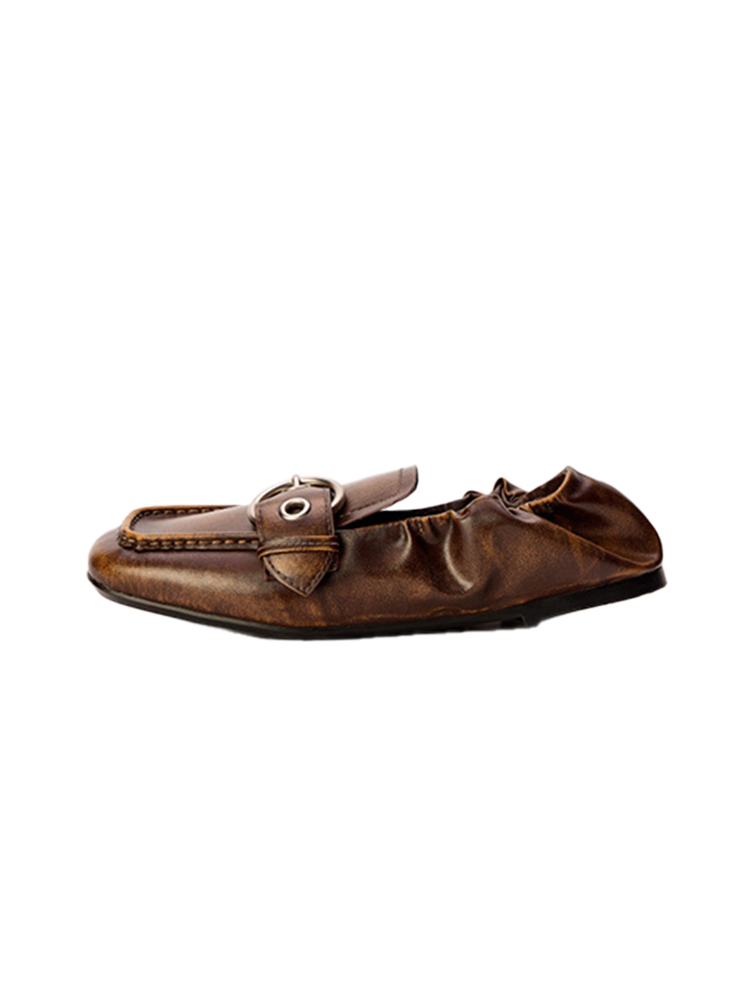 Burnished Ruched Leather Buckle Flats