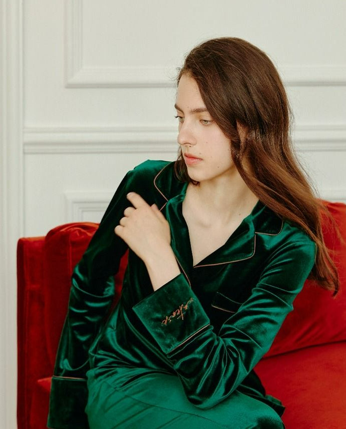 Long-Sleeve Velvet Loungewear Pajama Set - chiclara