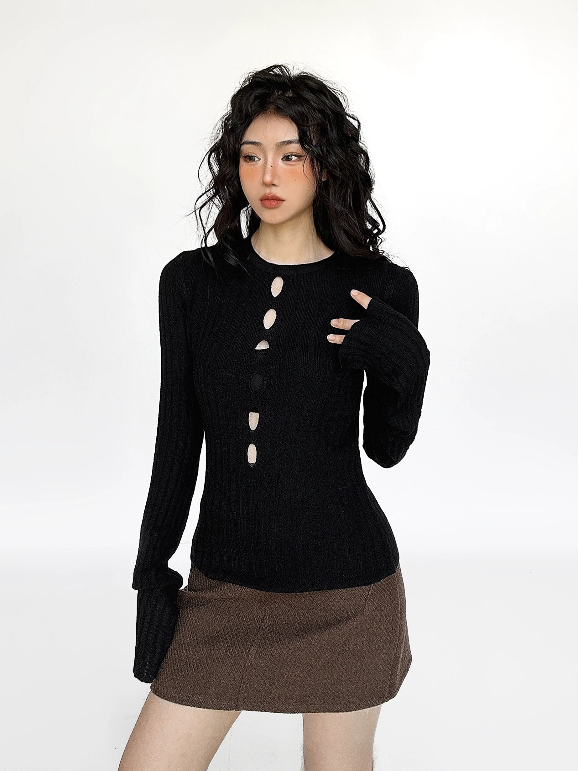 Cutout Ribbed Bell Sleeve Top