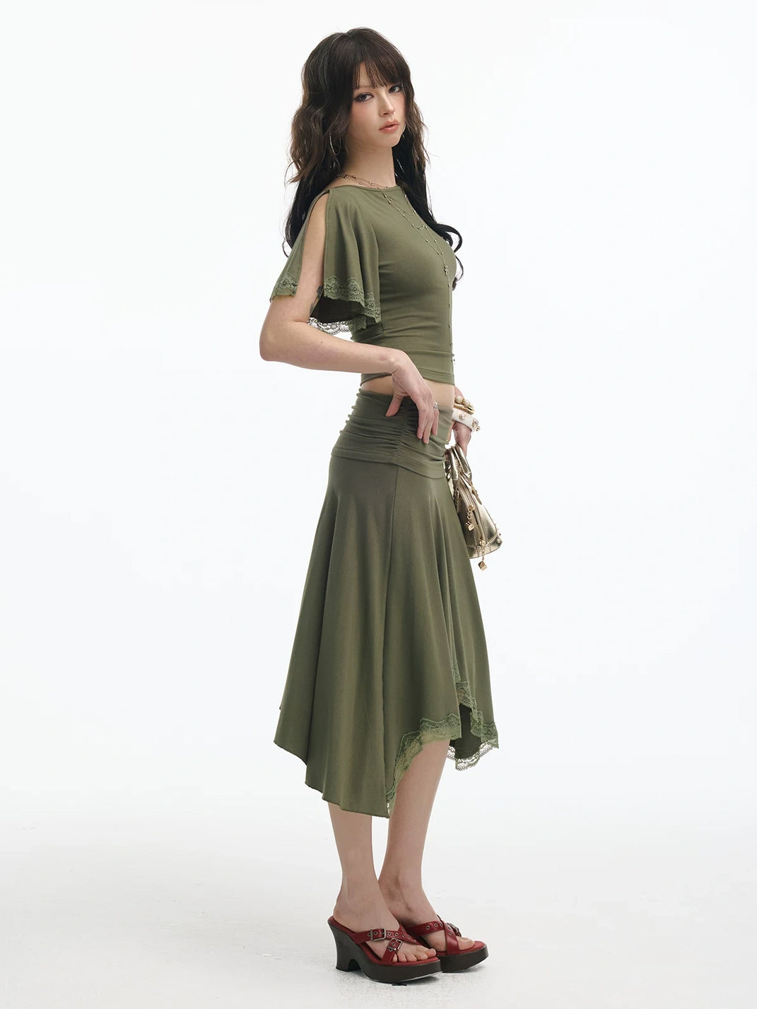 Olive Lace-Edge Crop Top or Draped Asymmetric Skirt - view 7