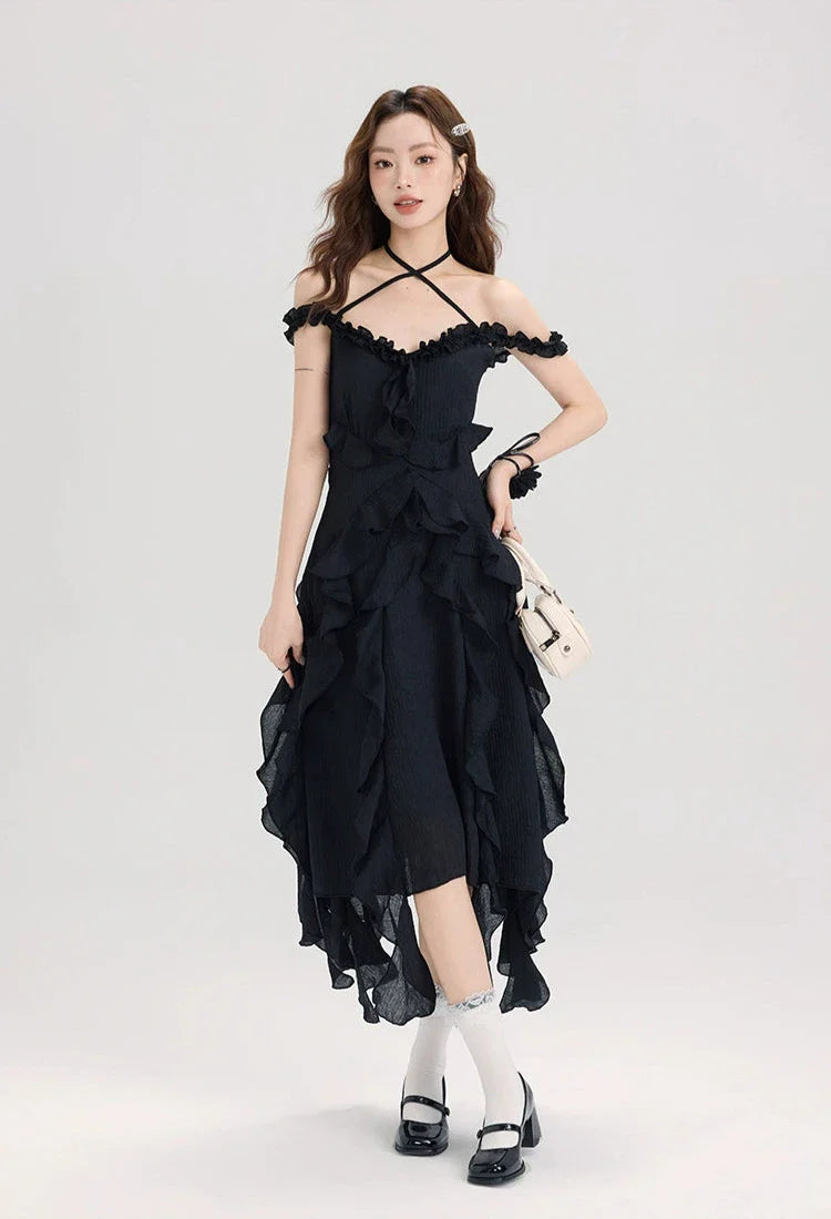 Black Ruffle Asymmetric Halter Dress