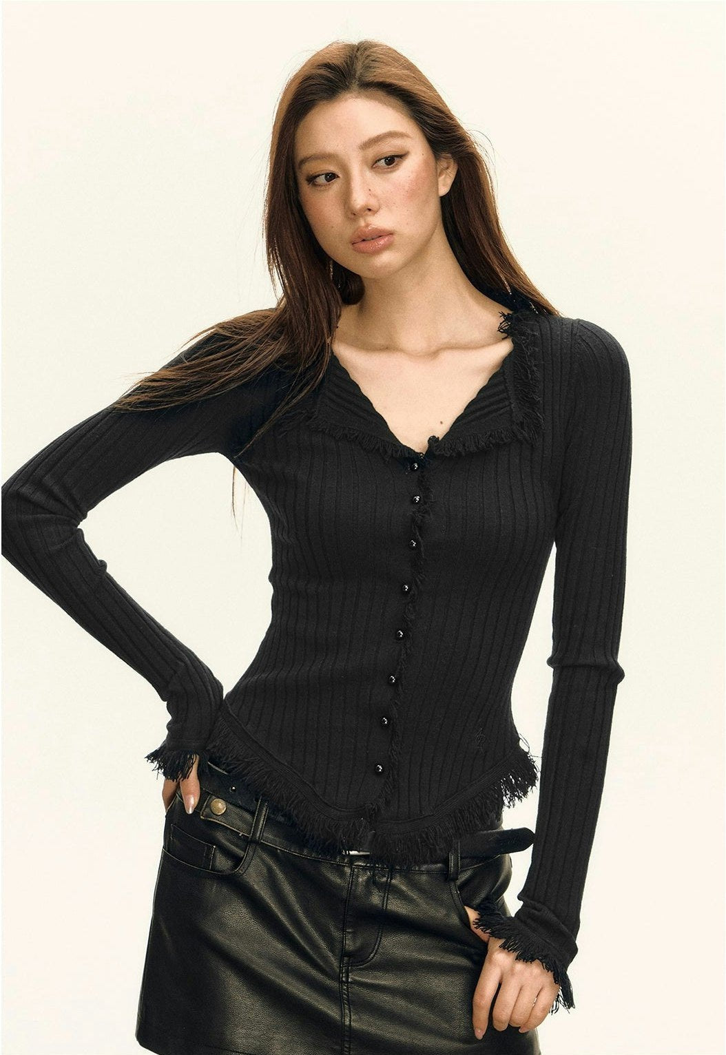 Frayed Ribbed Button-Up Cardigan