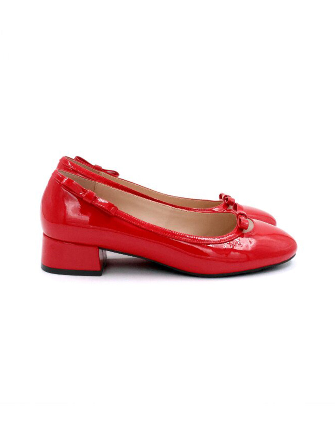 Red Leather Bow Mid-Heel Pumps