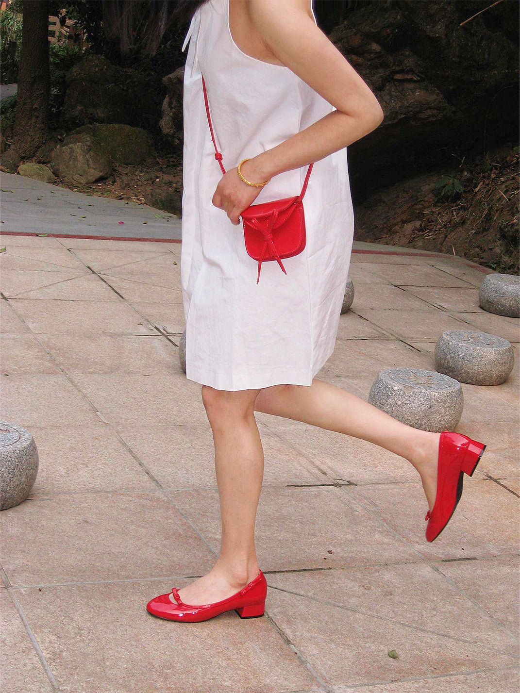 Red Leather Bow Mid-Heel Pumps - View 7