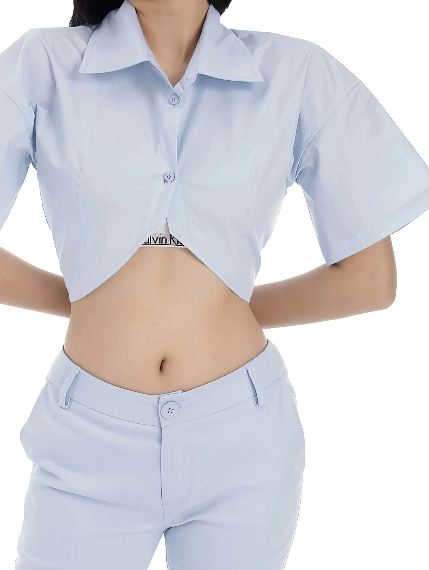 Blue Cropped Button Shirt and Flared Pants Set