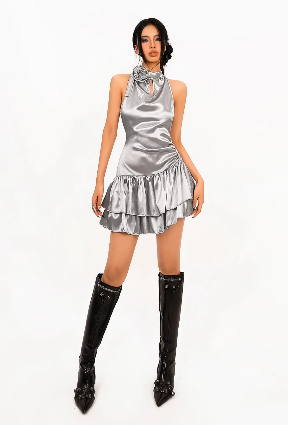 Metallic Halter Cocktail Party Dress