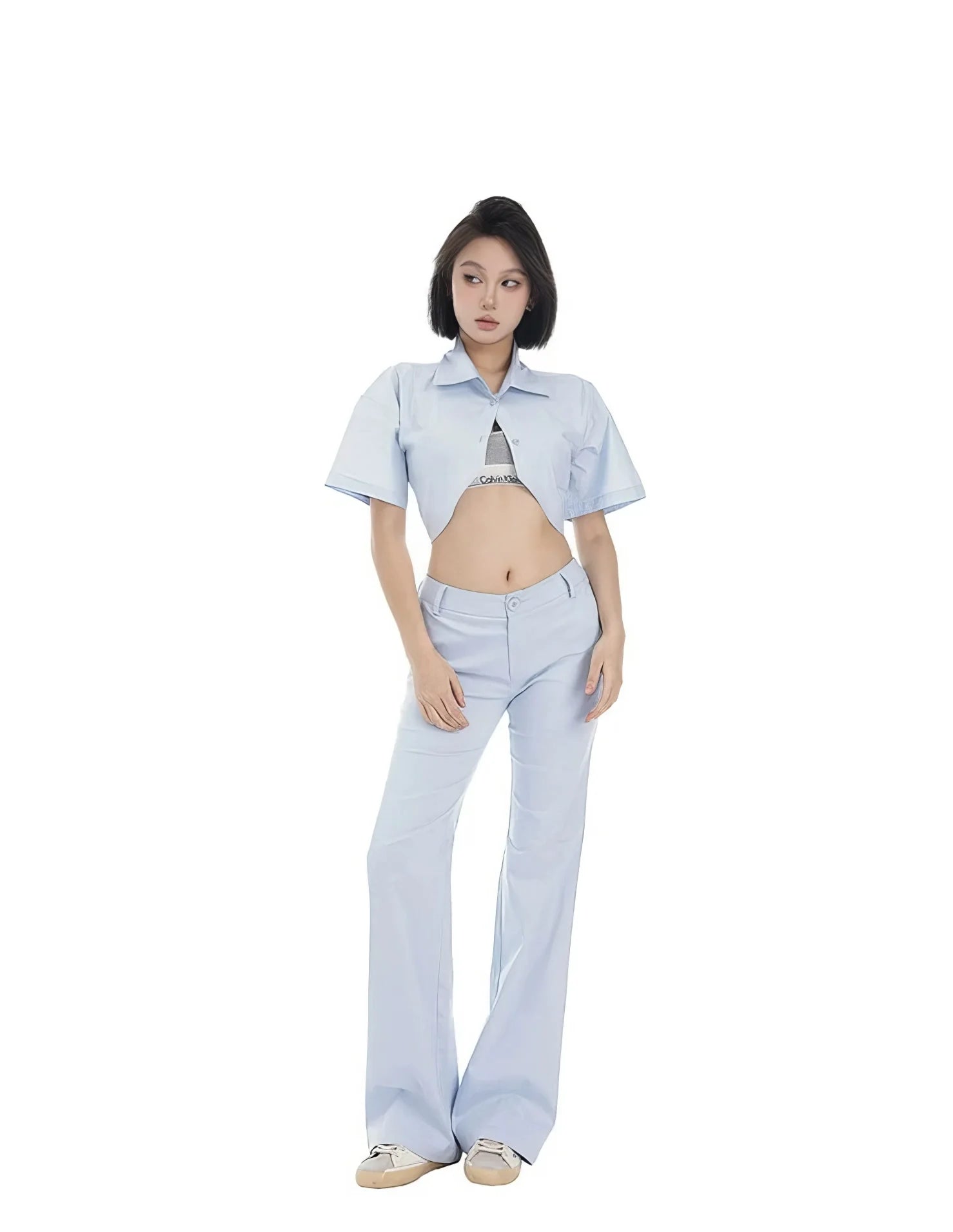 Blue Cropped Button Shirt and Flared Pants Set