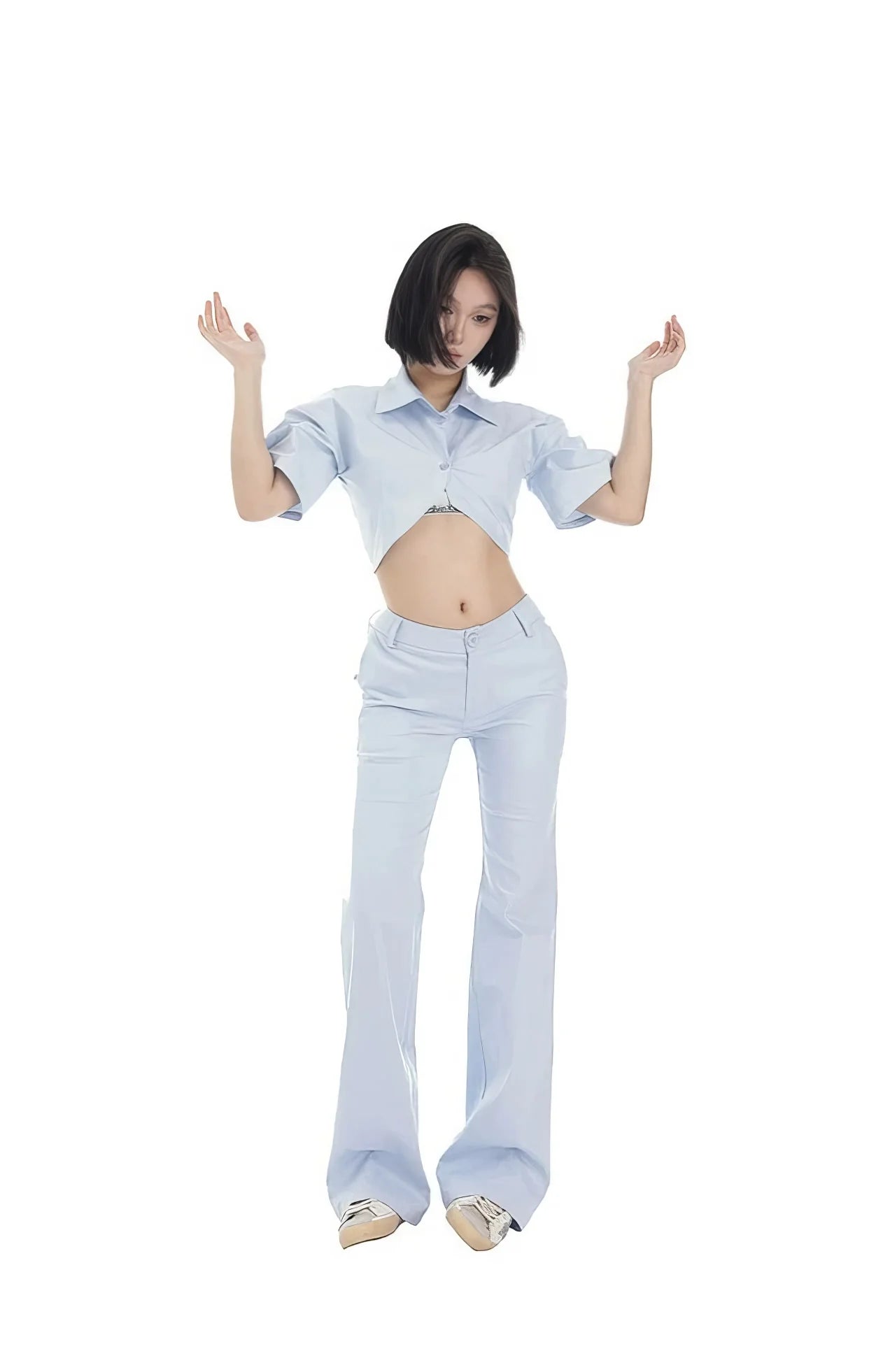 Blue Cropped Button Shirt and Flared Pants Set