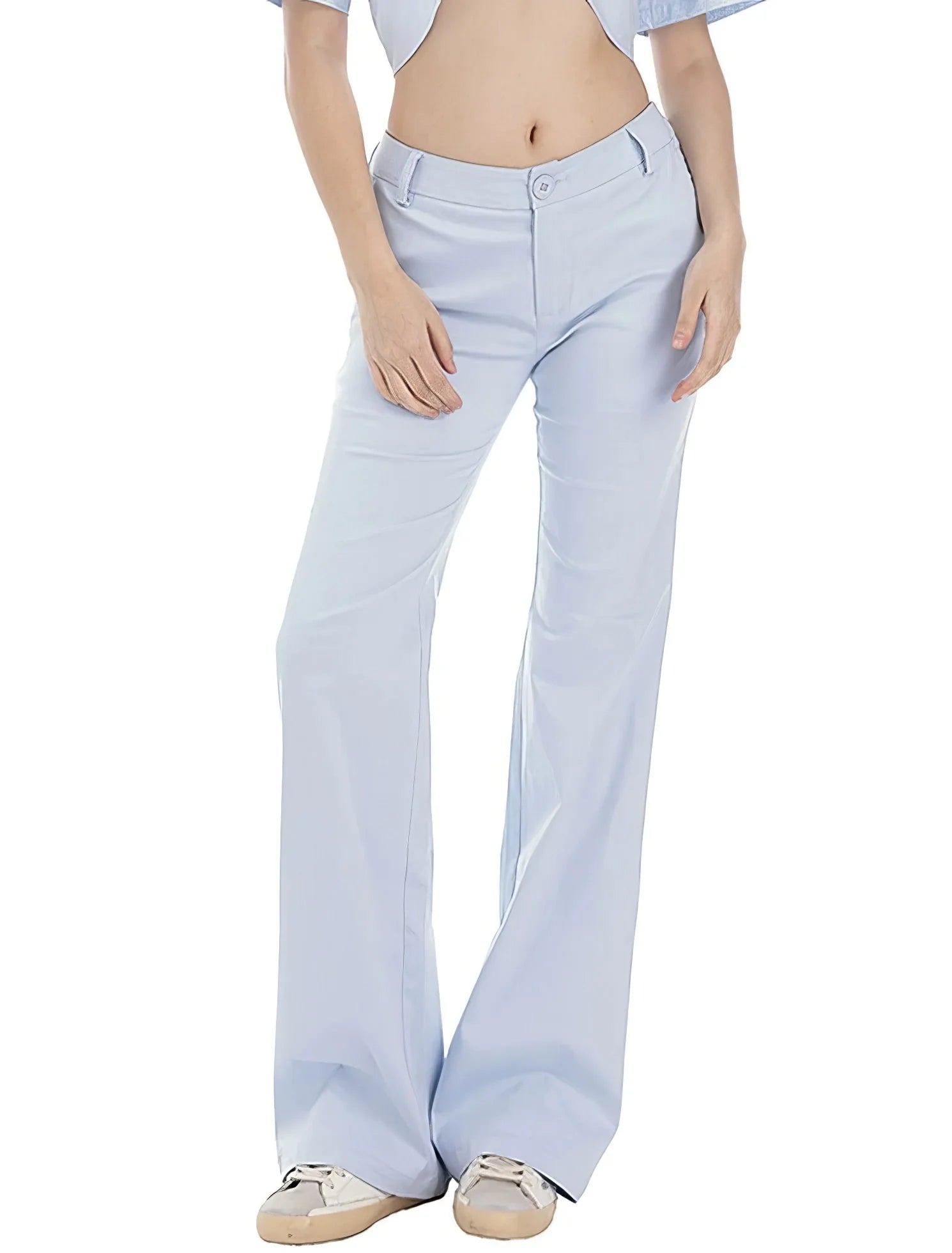 Blue Cropped Button Shirt and Flared Pants Set