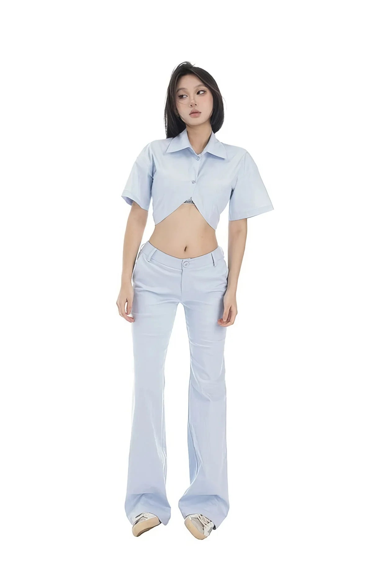 Blue Cropped Button Shirt and Flared Pants Set