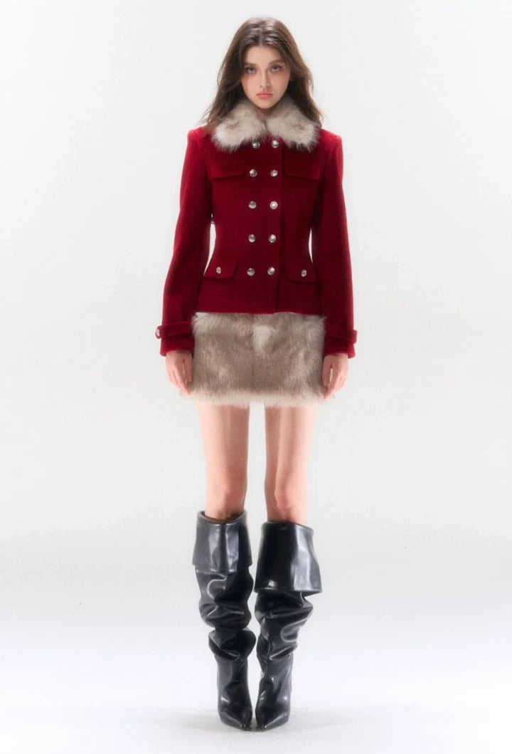 Red Double-Breasted Coat and Mini Skirt Set
