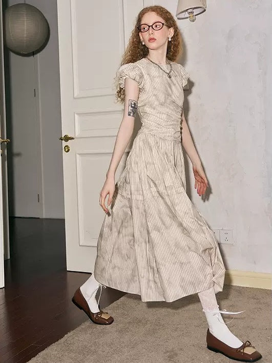 Round Neck Puff Sleeve Long Gather One-Piece - chiclara