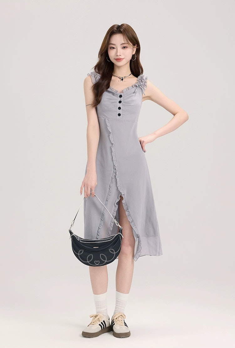 Ruffle Trim Button Front Midi Dress