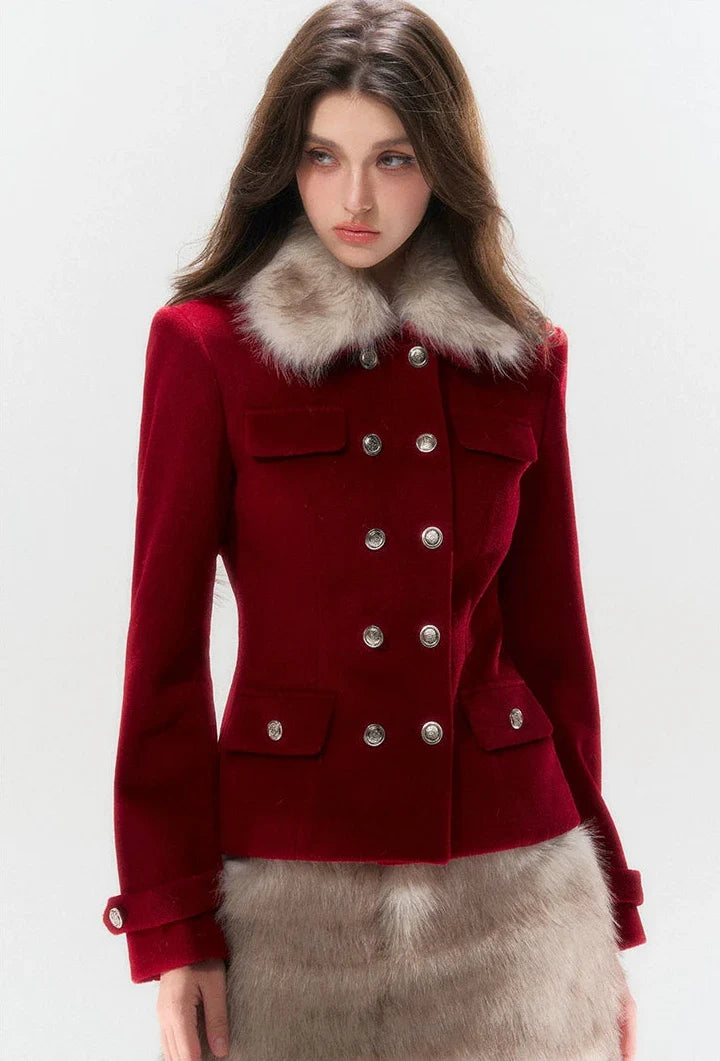 Red Double-Breasted Coat and Mini Skirt Set