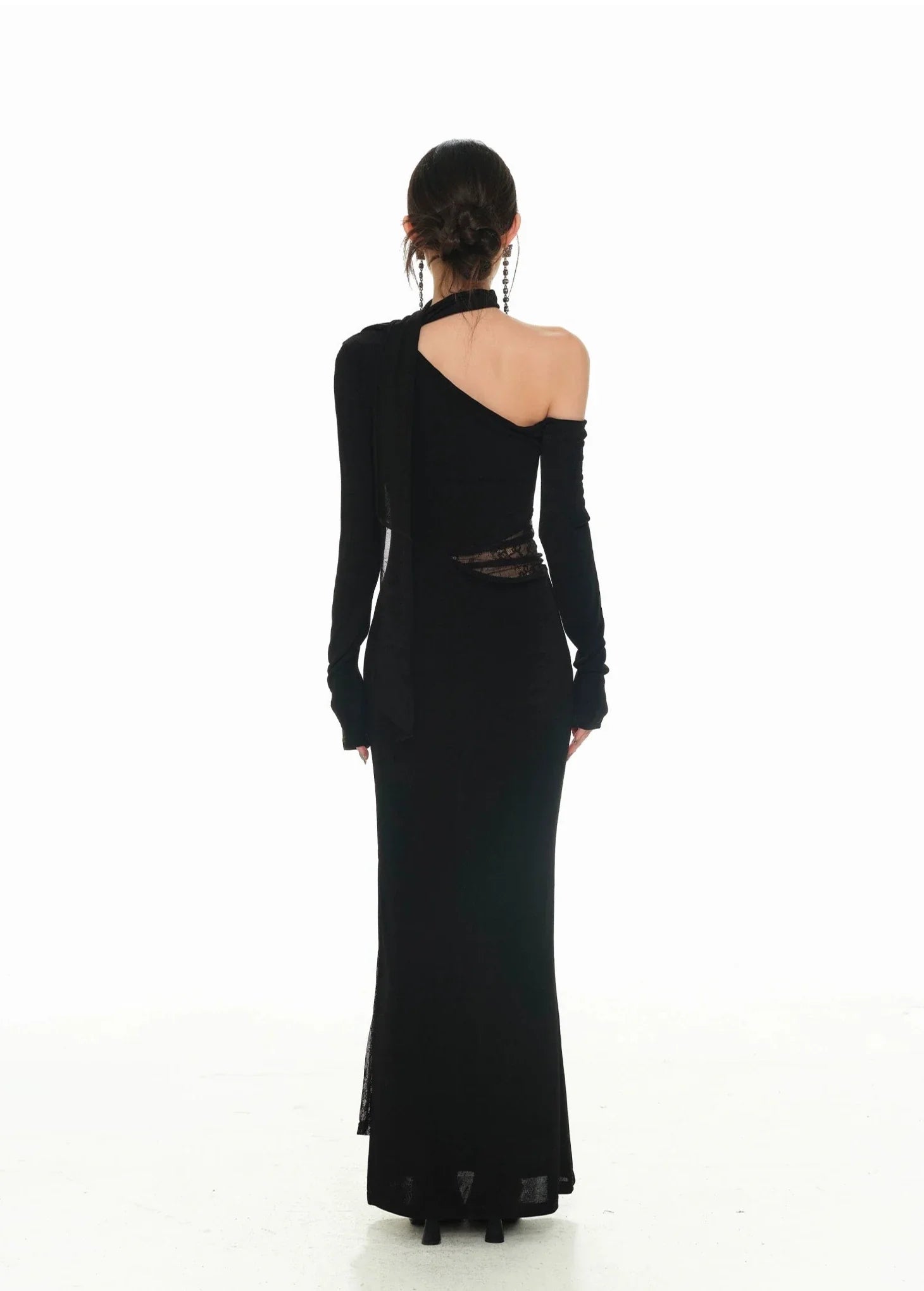 Black Asymmetric Neckline and Lace Inserts Long Evening Gown