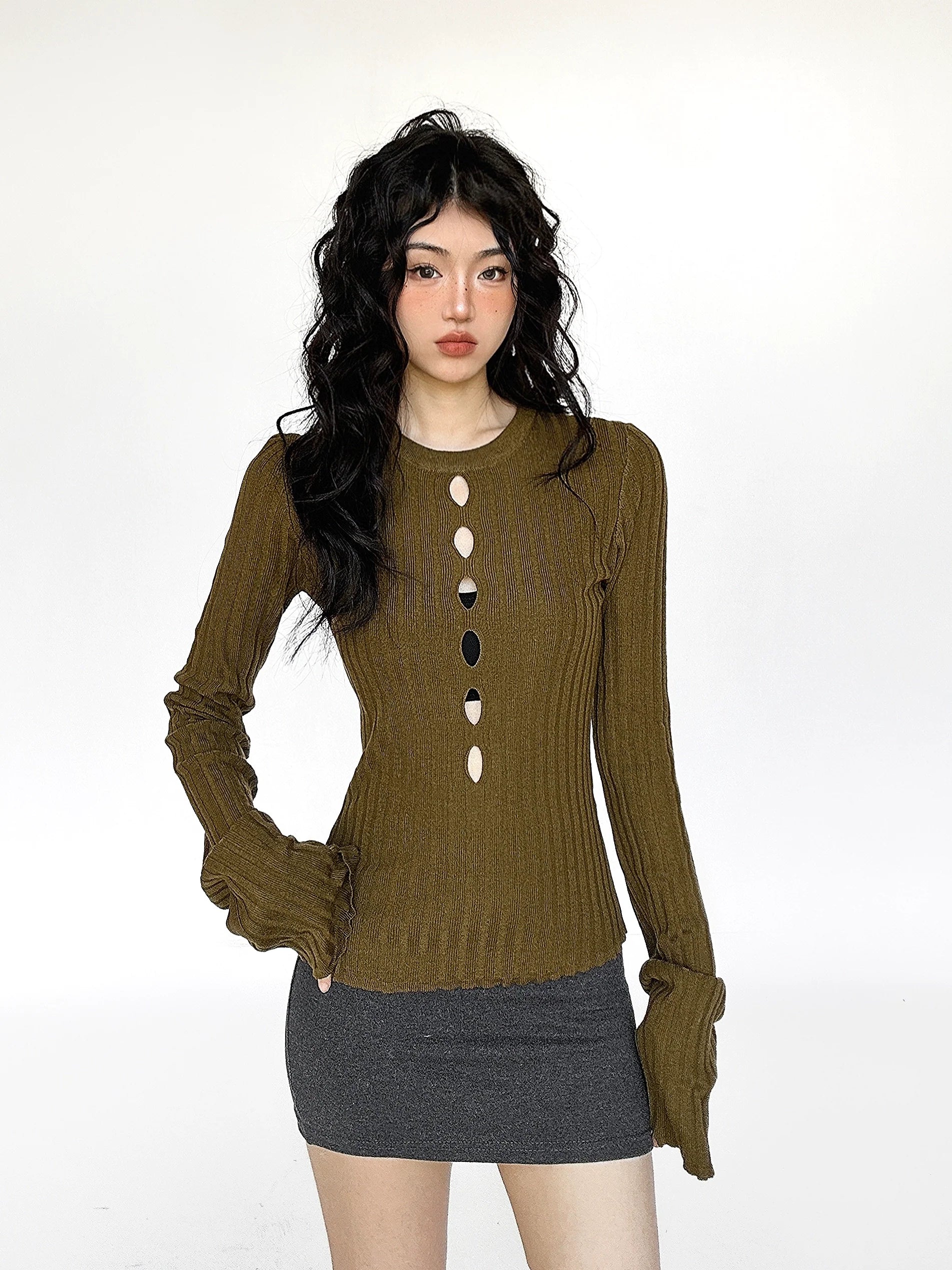 Cutout Ribbed Bell Sleeve Top