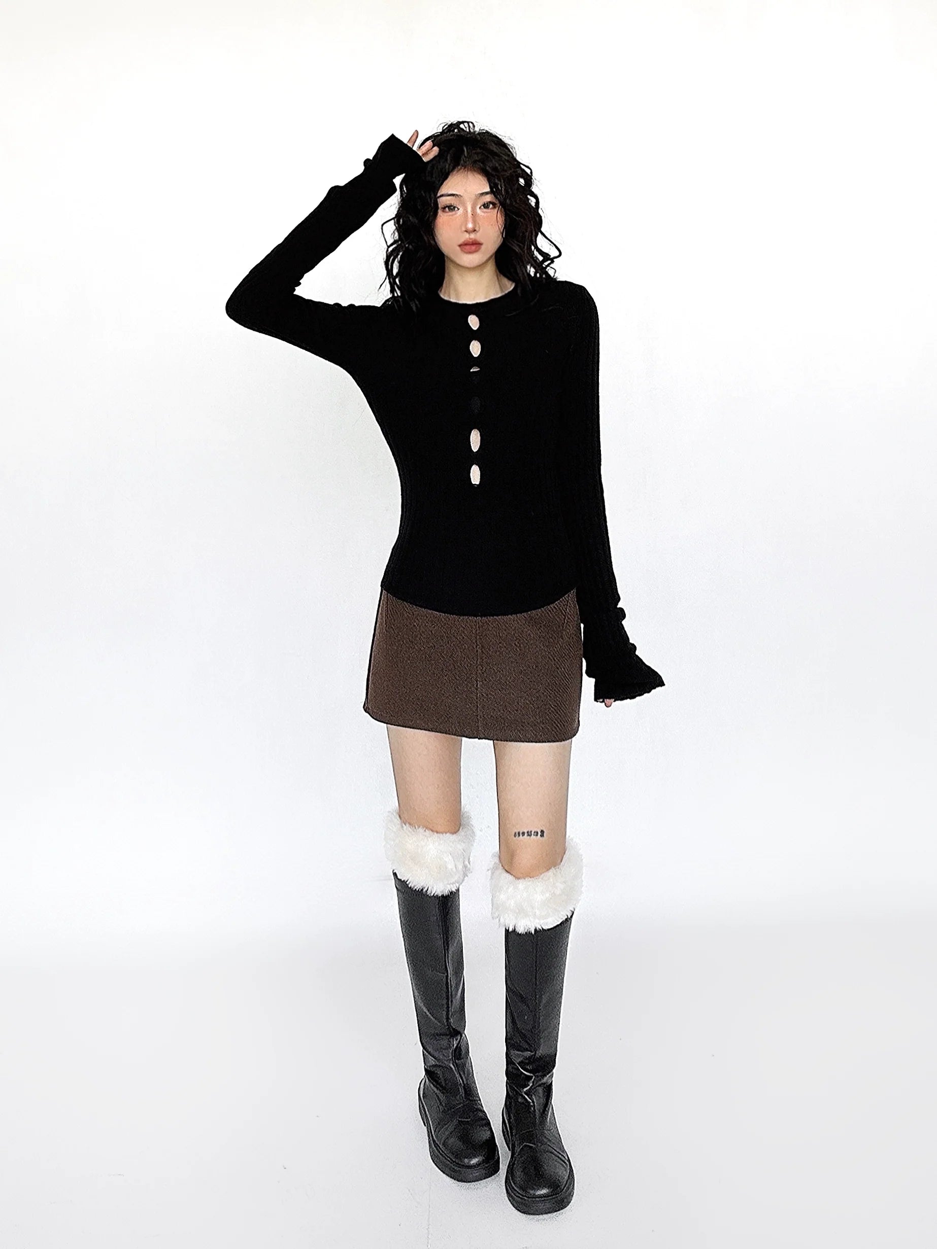 Cutout Ribbed Bell Sleeve Top