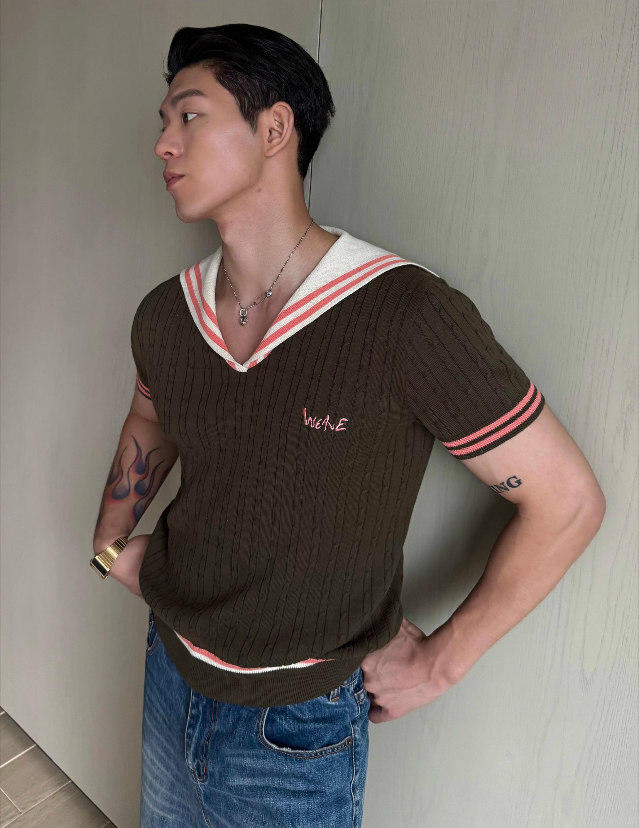 Retro Varsity Knit V-Neck Vest Brown