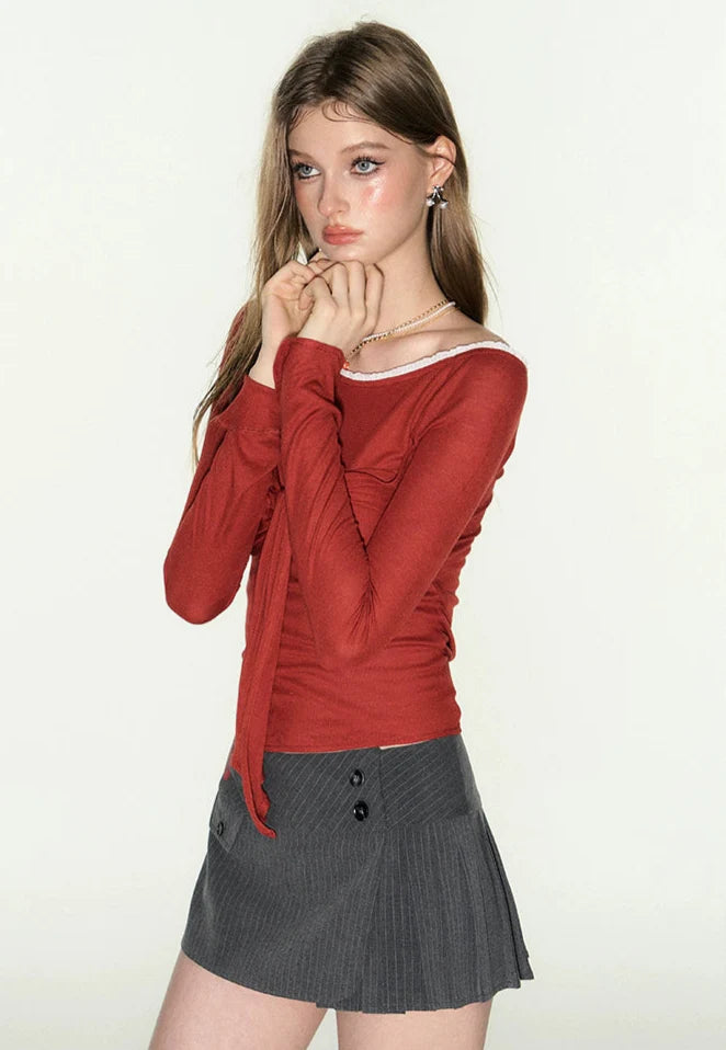 Red Long Sleeves Off-Shoulder Tie-Front Top
