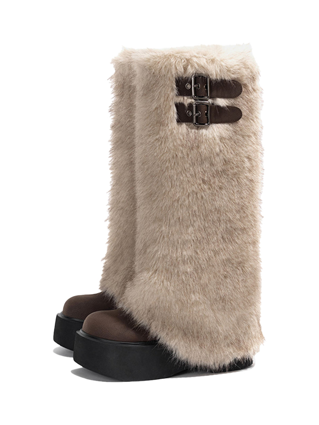 Faux Fur Double-Buckle Platform Tall Boots - View 5