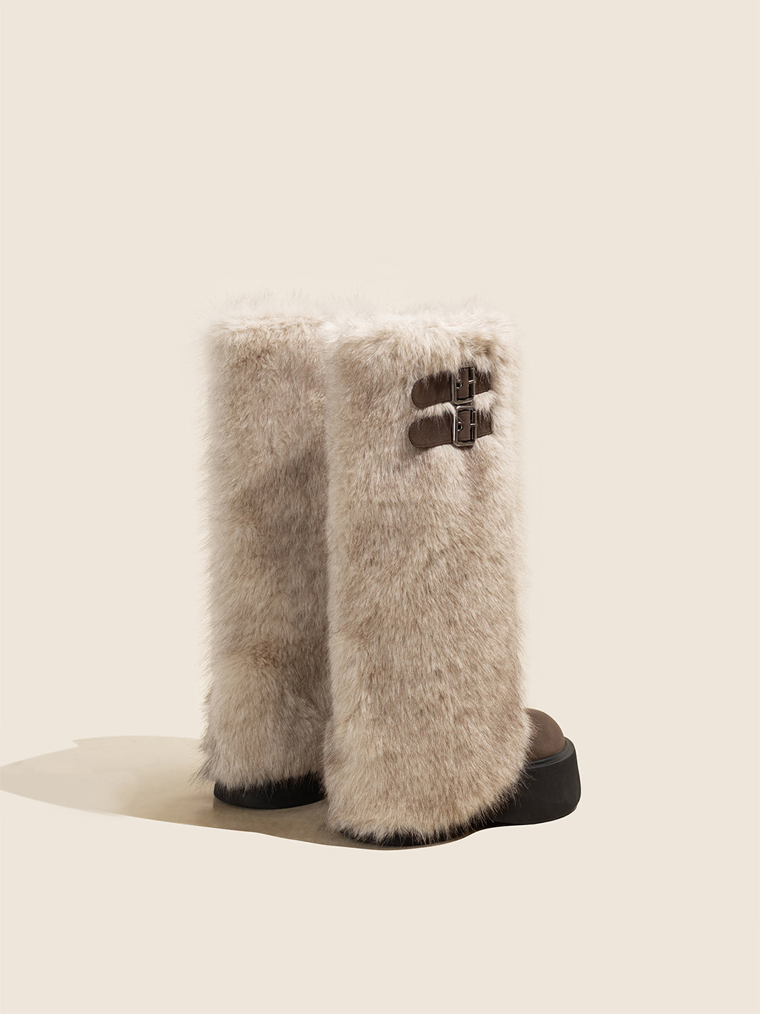 Faux Fur Double-Buckle Platform Tall Boots - View 8