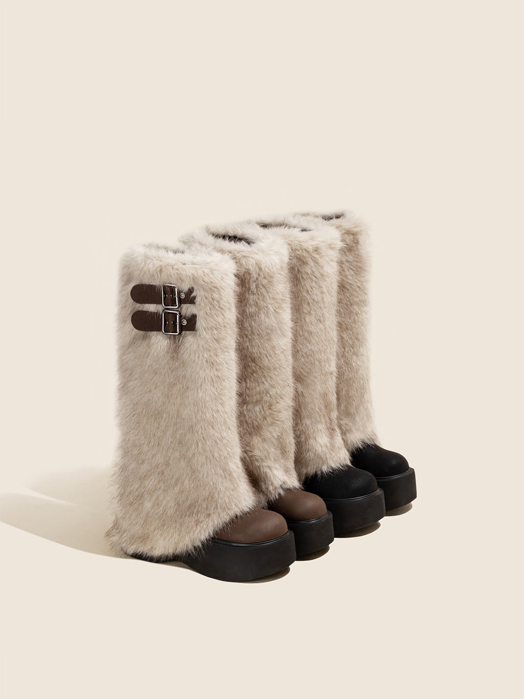 Faux Fur Double-Buckle Platform Tall Boots - View 9