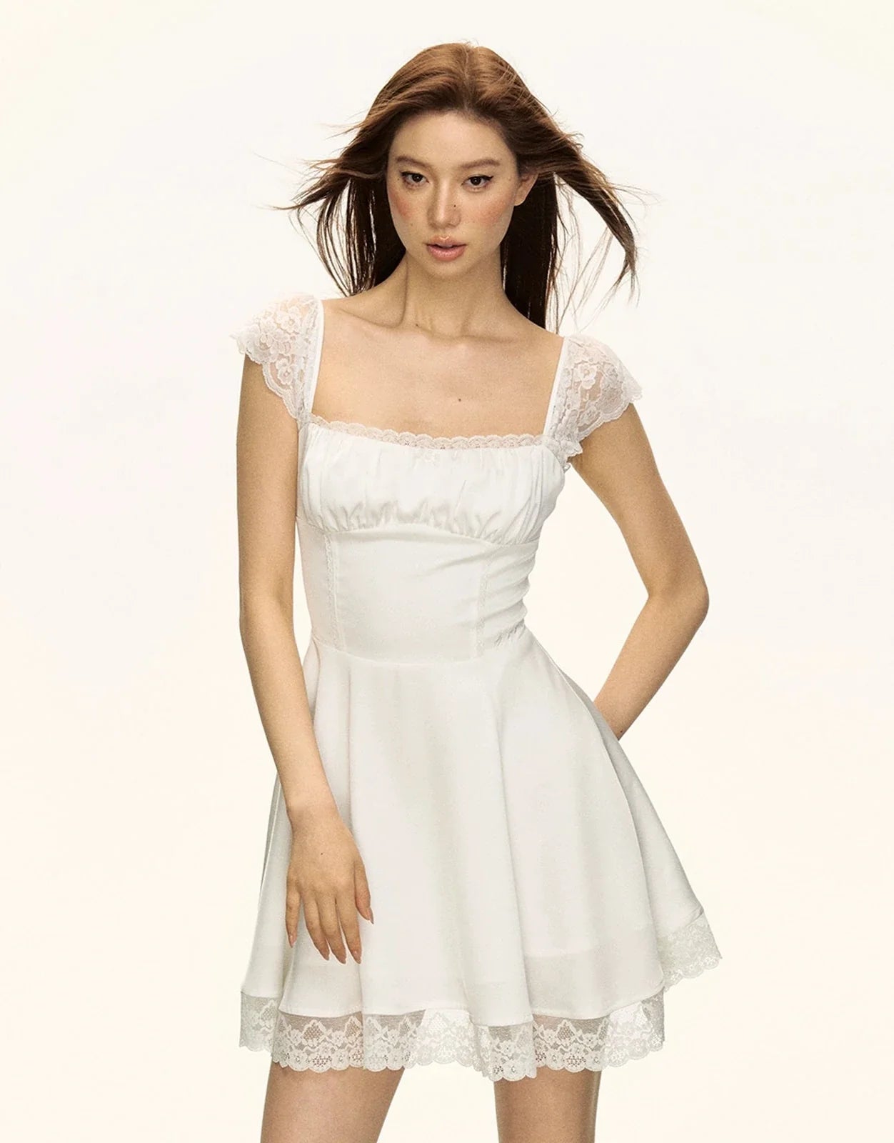 White Lace Trim Square Neck Mini Dress