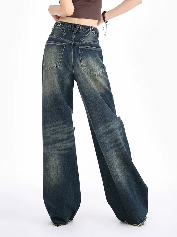 Distressed Raw Hem Dark Wide Leg Jeans