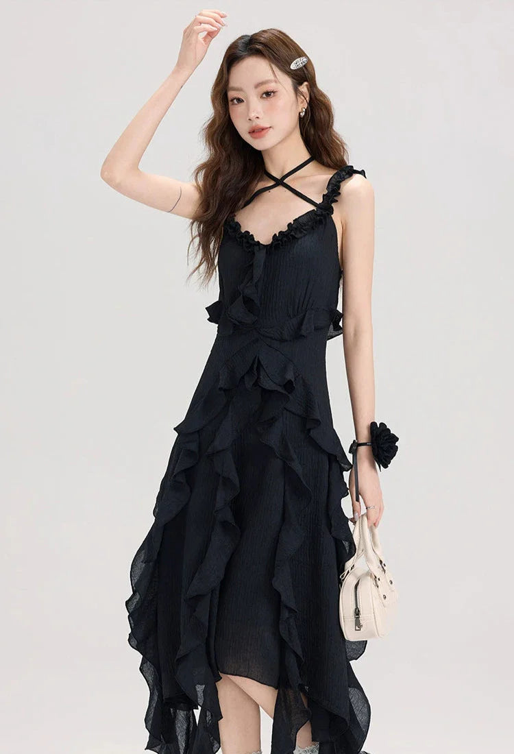 Black Ruffle Asymmetric Halter Dress