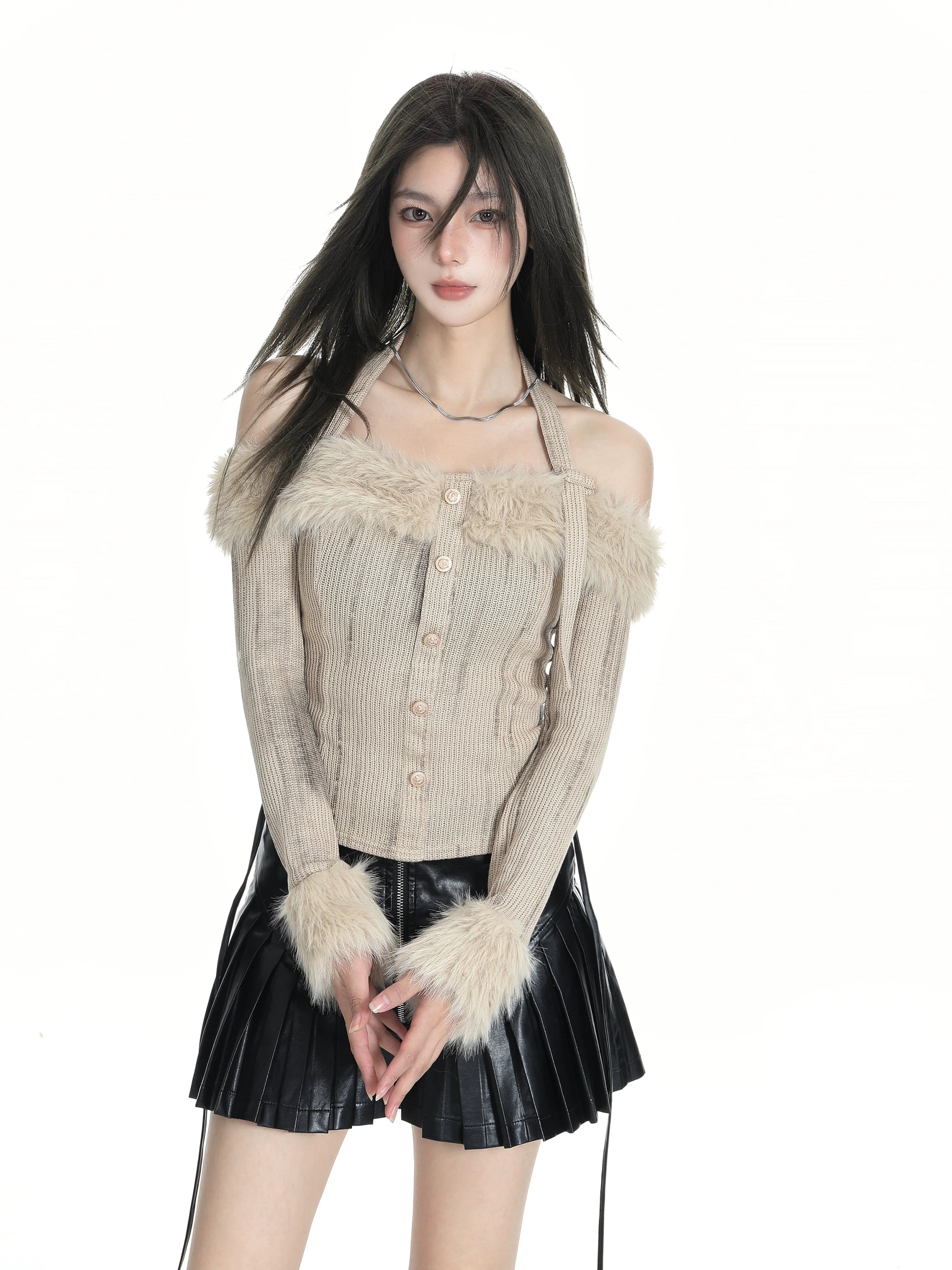 Fur Trim Off-Shoulder Knit Top