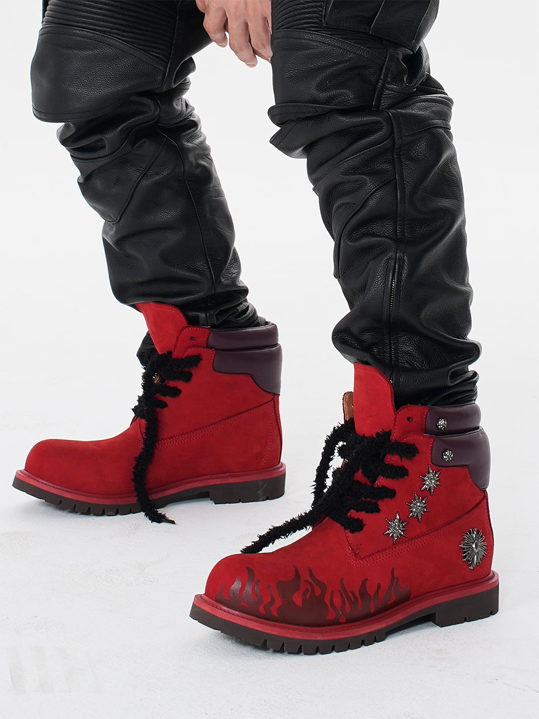 Flame Applique Genuine Leather Combat Boots - View 2