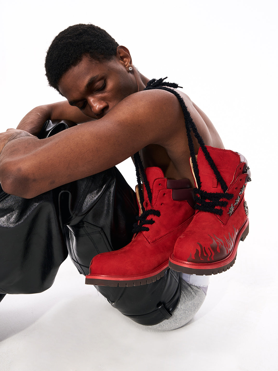 Flame Applique Genuine Leather Combat Boots - View 4