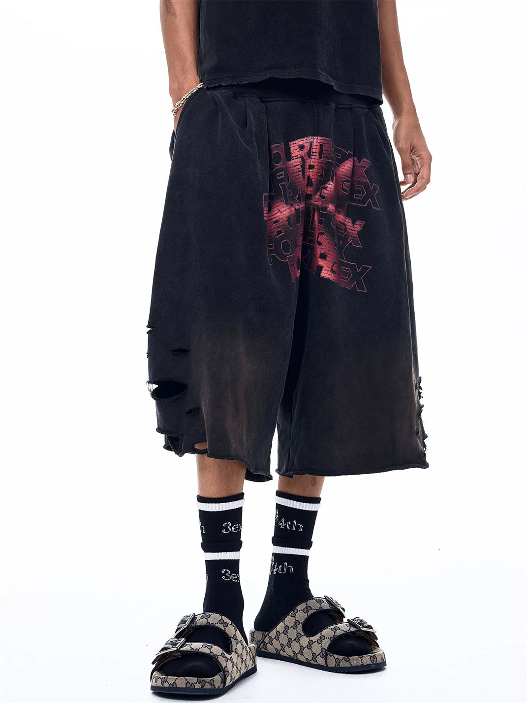 Ripped Logo-Print Longline Shorts - View 3